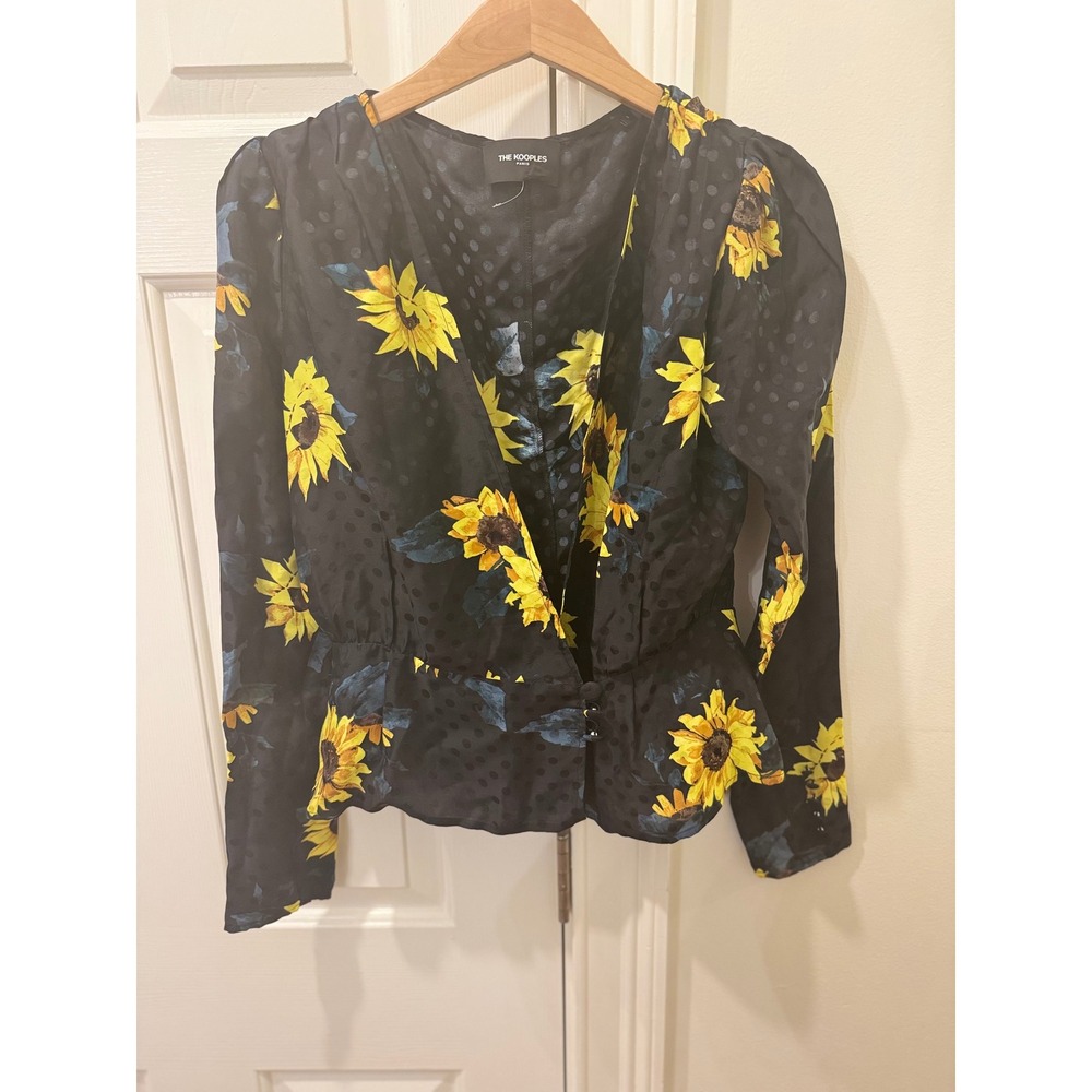 The Kooples Sunflower Polka Dot Silk Blend Peplum Blouse FTOP17062K Black Size 1